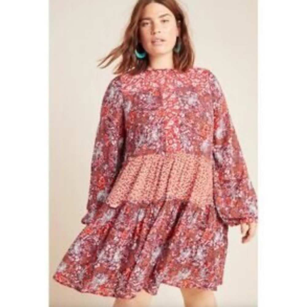Anthropologie Maeve Ester Dress Floral Long Sleeve Flowy Mini Dress Red Large